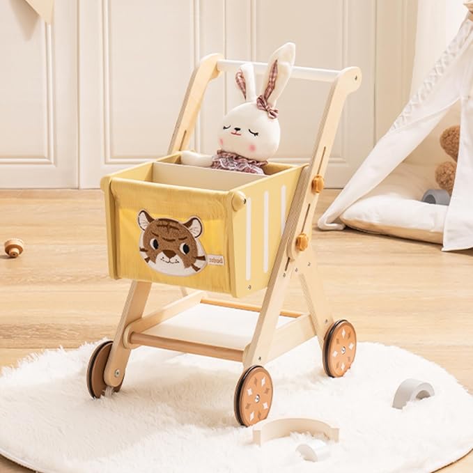 ROBOTIME Baby Walkers for Boys, Wooden Shopping Cart Toy for Toddler Kids, Height-Adjustable Wooden Push Walker, Sit to Stand Walker for Baby Learning to Walk