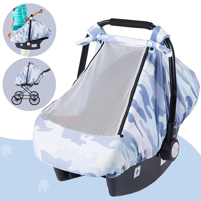 SMTTW Car Seat Cover for Babies, Stretchy Breathable Carseat Canopy with Peek Window, Multiuse Infant Stroller Cover for Baby Boys Girls, Privacy Sun Shade & Wind Protect for Summer (Camouflage)