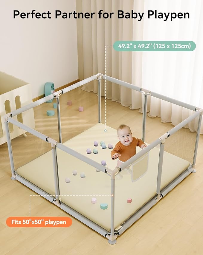 COMOMY Vegan Leather Baby Play Mats for Floor, 50 x 50 Play Mat for Playpen, Thickened High-Density Foam Playmats for Babies and Toddlers - Extra Soft and Resilient, Easy to Wipe Clean, Ivory
