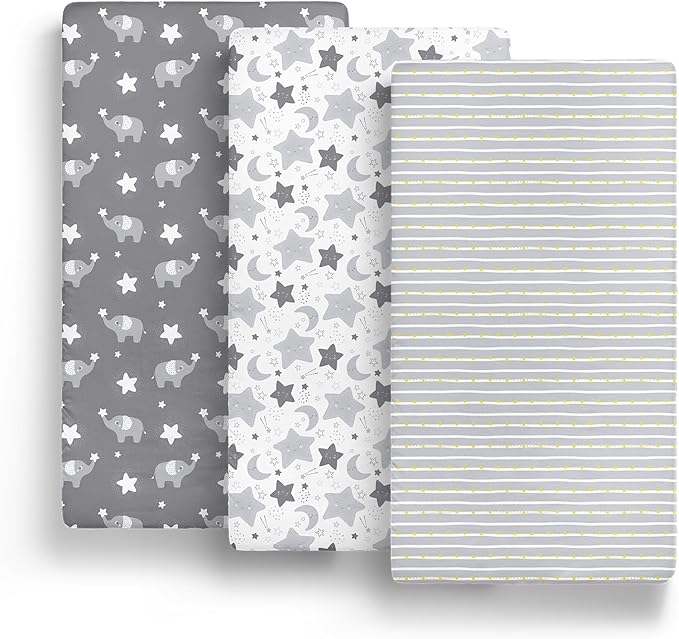 The Peanutshell Mini Crib Fitted Sheets Set, Playard, Pack Play Sheets, Playpen, Elephant Stars