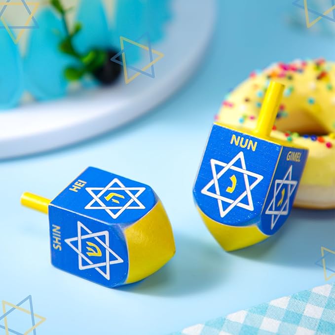 Wonderjune 2 Pcs Hanukkah Dreidels Extra Large Wooden Dreidel for Hanukkah Decoration with English Transliteration, Forever Spinning Tops Party Favors(Hexagram)