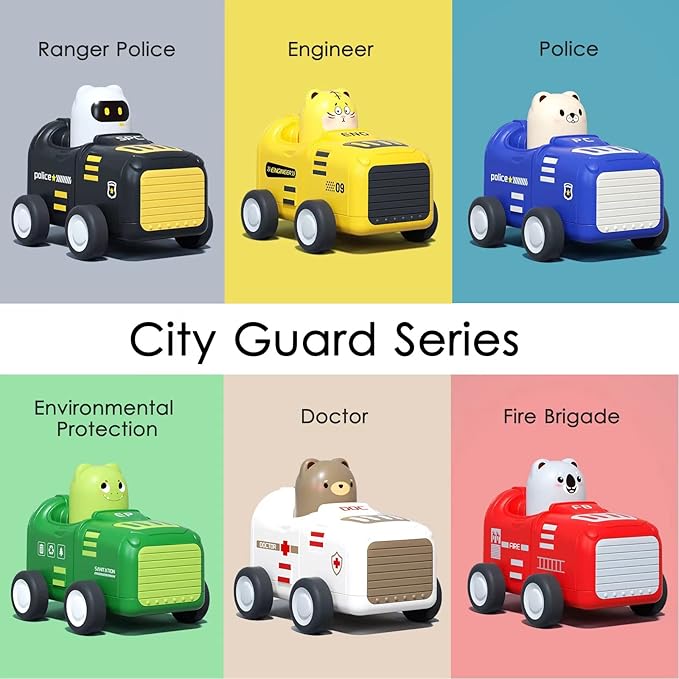 Baby Toy Cars for 1 2 3+ Year Old Toddler, City Guard Series Press and Go, Pull Back Vehicle with Soft Plush Car Mat, Educational Gift for Kids, Boys and Girls