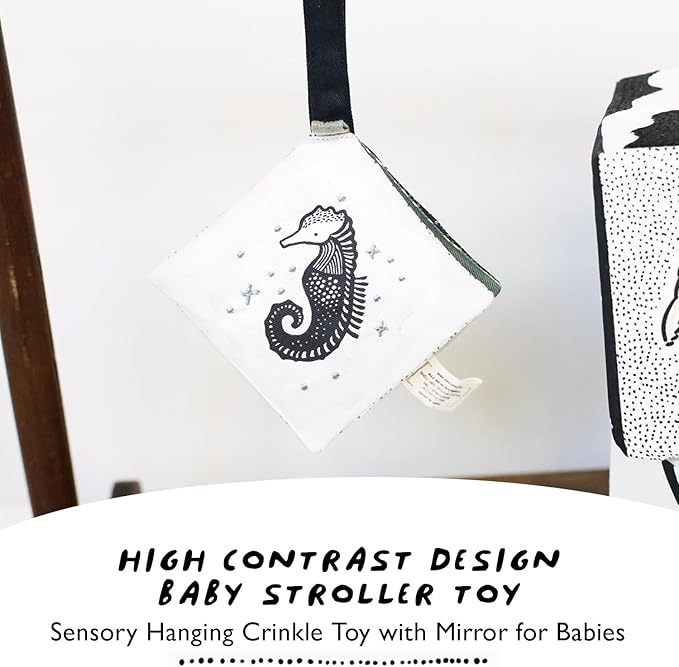 Wee Gallery Ocean Animals Crinkle Pages Stroller Toy, Sensory Hanging Crinkle Toy with Mirror for Babies, High Contrast Animal Art and Montessori Baby Item for Walks, Car Seat, Play Gym and Tummy Time