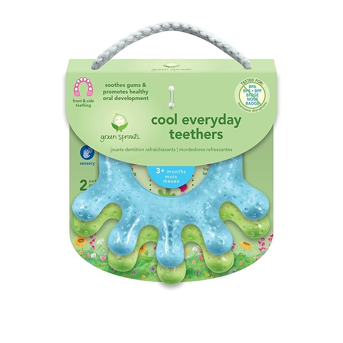 Green Sprouts Cooling Teether (2 Pack) Soothes Gums & Promotes Healthy Oral Development Safer Plastic Filled with Sterilized Water, Chill for Extra Relief, Textured Surface to Massage Gums
