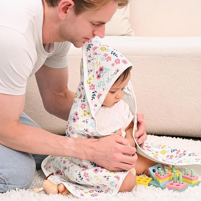 david's kids 2 Pack Hooded Baby Towels, Large 32"x32", 6 Layer 100% Muslin Cotton Highly Absorbent Girl Bath Towel for Newborn, Infant, Toddler, Soft and Breathable Baby Essentials, Floral & Butterfly