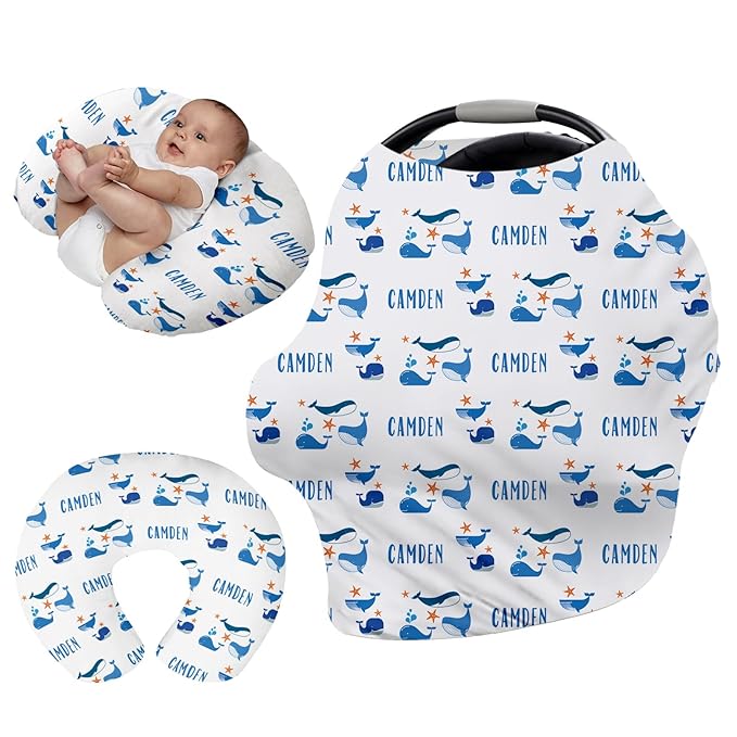 Personalised 7 in 1 Car Seat Cover for Girls and Boys - Multipurpose Breast Feeding Cover, Blue Whale Print Nursing Cover, Grocery Cart Cover - Birthday Gift for Babies(27"x29")