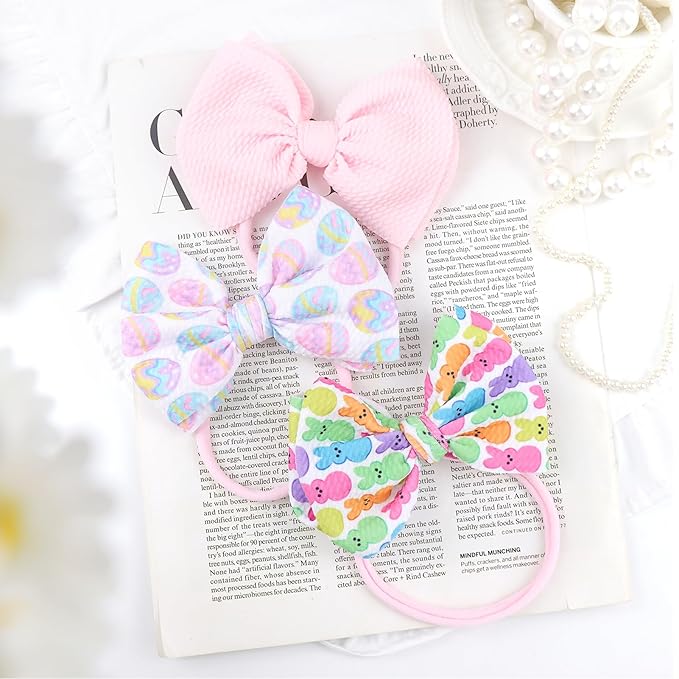 YanJie Easter Bows for Baby Girls Rabbit Egg Bow for Newborn Infant Easter Bunny Ears Hairbands Nylon Pink Bow Headband Easter Hair Accessories Gift