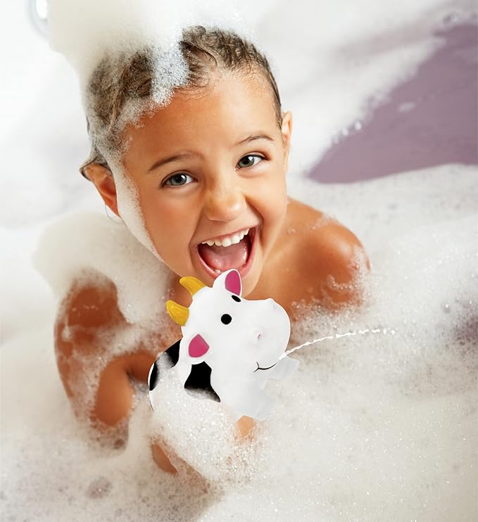 Dollibu Cow Bath Water Squirter Toy - Floating White Rubber Bath Toy, Cool Animal Squirting Bathtime Play Water Toy for Toddlers, Cute Farm Animal Bath Toys for Bathtub and Pool for Girls and Boys