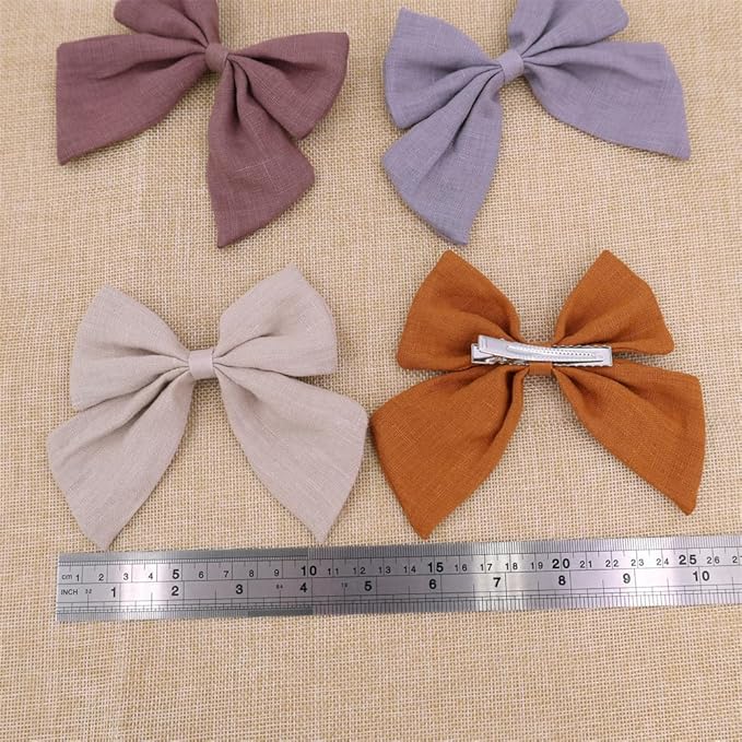 4 PCS Sailor Bow Hair Clips for Kids Girls Women Linen cotton Hair Bow Alligator Clips Baby Toddler Girl Mom Hair Accessories (Beige/Gold)