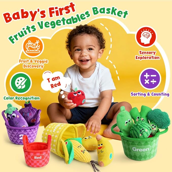 Sensory Bean Bags, Play Food for Toddler, My First Fruit Vegetable Basket Texture Sensory Toys with Crinkle Rattle, Color Sorting Matching Game, Easter Soft Plush Stocking Stuffers Baby Boy Girl
