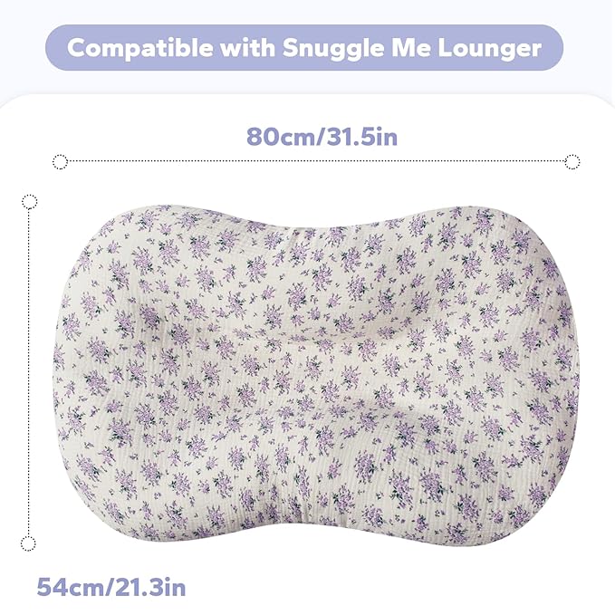 FUNUPUP Muslin Baby Lounger Cover Compatible with Snuggle Me Lounger, Infant Pillow Cover for Newborn, Removable Nest Slipcover for Boys and Girls, Only Cover, Purple&Purple Floral