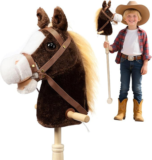 HollyHOME Stick Horse Plush Handcrafted Hobby Horse on a Stick with Wood Wheels Real Pony Neighing and Galloping Sounds for Kids Toddlers Chocolate 36 Inches(AA Batteries Required)