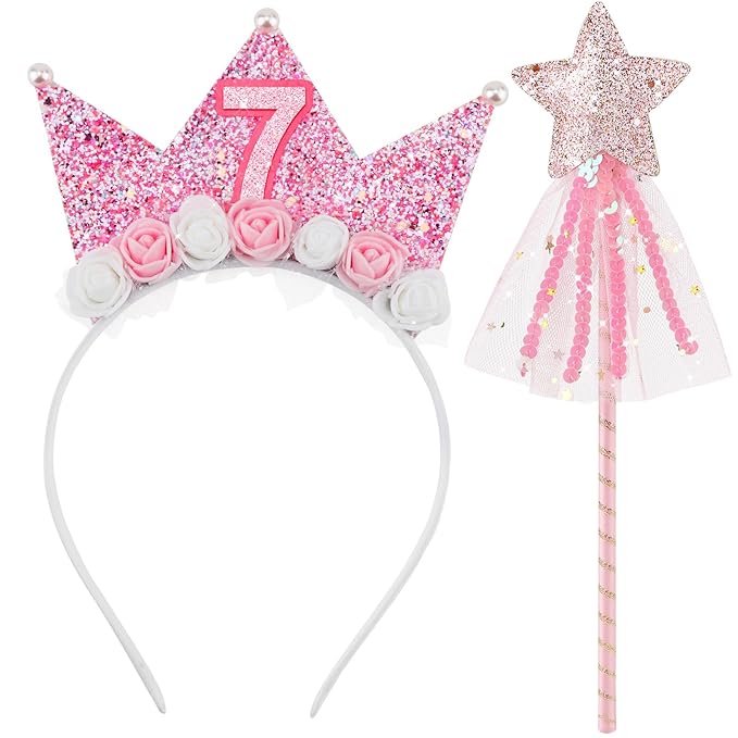BQUBO 7th Birthday Decorations for Girls Little Girls Birthday Headband & Fairy Wands Star Glitter Princess Wand Set for 7 Year Old Girl Gift Birthdays Decorations Princess Dress Up Party Favors