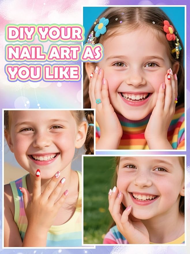 26PCS Press on Nails for Kids, TOROKOM Kid Fake Nail Set with Glue,Candy Heart Plaid Stick on Nails for Girls Gift Age 8 9 10 11 12