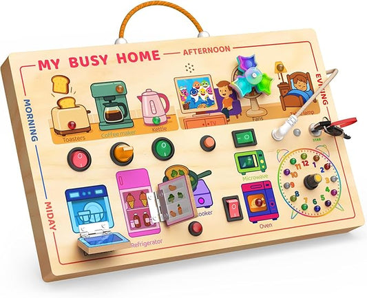 UdoUto My Busy Home Montessori Busy Board for Toddlers 1-3 - Wooden Sensory Activity Board with Kitchen Appliances, Switches, Clock | Educational Fine Motor Skill Toy for 1+ Year Old Boys Girls
