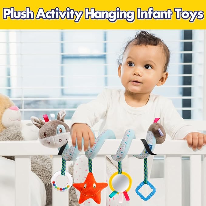 GKDOMS Baby Car Seat Toys Activity Stroller Toy for Boys Girls 0 3 6 9 10 12 Months, Spiral Hanging Plush Toys, Baby Shower Thank You Gifts