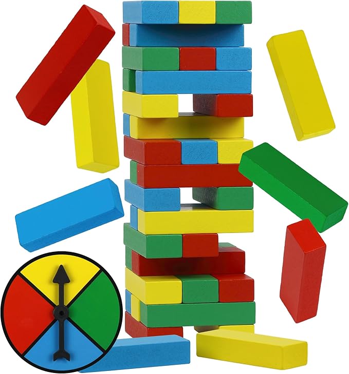 Funwares Rainbow Stack Wooden Blocks Stacking Game, Tumbling Tower & Balance Game, Family & Party Fun, Ages 6+, Color Spinner-Based Twist on Classic Stacking Games