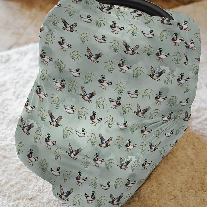 Vintage Mallard Duck Car Seat Cover for Babies Hunting Duck Green Leaves Stretchy 5-in-1 Cover Adjustable Infant Carseat Canopy Cover Wild Duck Animal Breathable Nursing Cover-Up