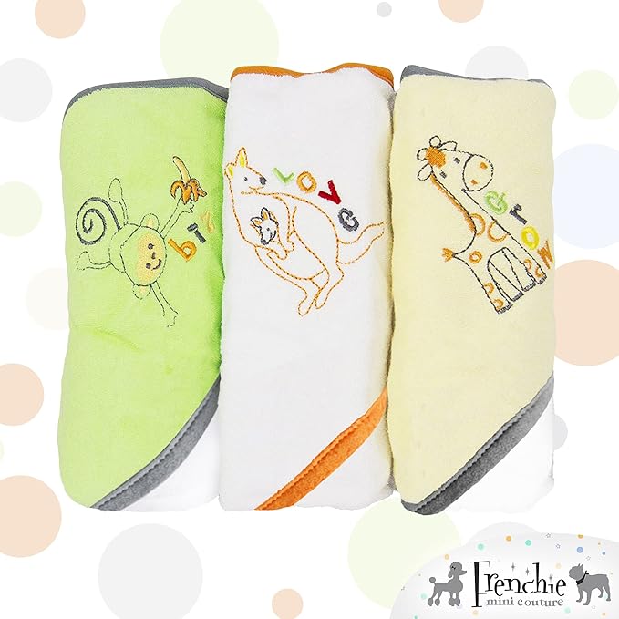Frenchie Mini Couture, Hooded Bath Towels for Babies, 80% Cotton/20% Polyester, Wild Animal Design Baby Bath Towel Set, Pack of 3