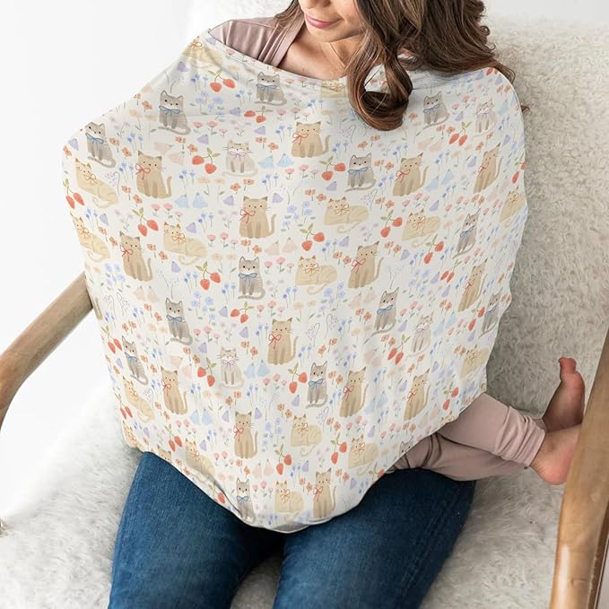 Boho Cats Bows Strawberries Flowers Car Seat Cover for Babies Cute Kittens Meadow Floral Stretchy 5-in-1 Cover Adjustable Car Canopy Cover Cat Lovers Gift Breathable Nursing Cover-Up