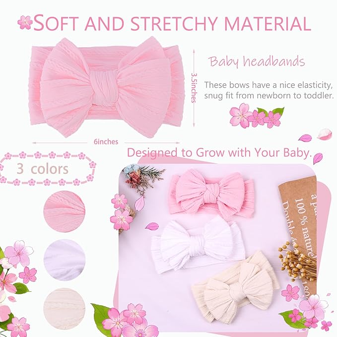 LemonSpace Handmade Baby Girls Headbands Soft Stretchy Nylon Hair Bands Hair Accessories with Bows for Newborn Baby Girls Infant Toddlers Kids (Light Pink White Light Beige)