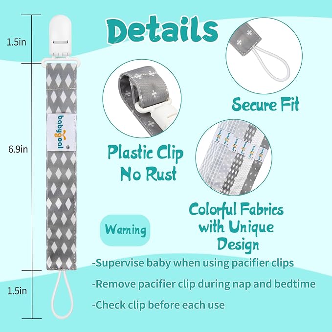 babygoal Neutral Grey Pacifier Clips, 6 Pack Binky Paci Holder Clip Leashes Fits for Most Baby Pacifiers and Binkies