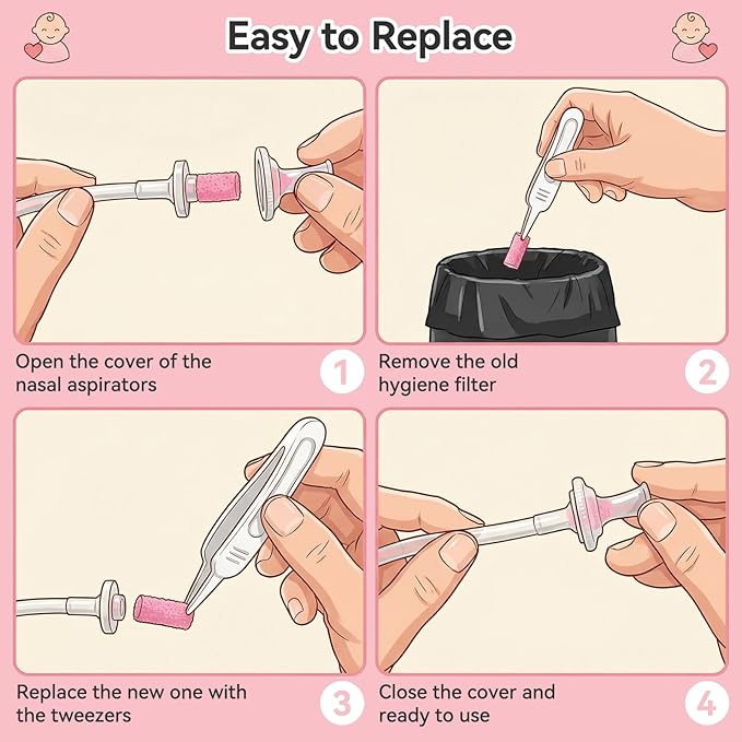 Replacement for NozeBot Nasal Aspirator Hygiene Filter, 90 Packs Baby Nose Cleaner Filters Comes with Baby Nose Cleaning Tweezer, Purple
