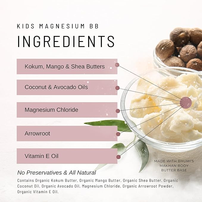 Organic Kids Magnesium Whipped Body Butter, 4 oz Jar 2.5 Net Wt, Magnesium Chloride, Unscented Formula Safe for Infants to Teens, Supports Muscle Relaxation & Restful Sleep, All-Natural Ingredients