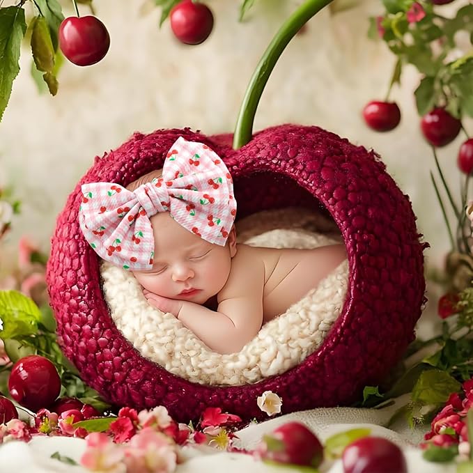 Baby Girl Headbands 7’’ Pink Bows Cherry Baby Girls Hair Accessories Summer Outfits for Newborn Infant Toddler Clothes