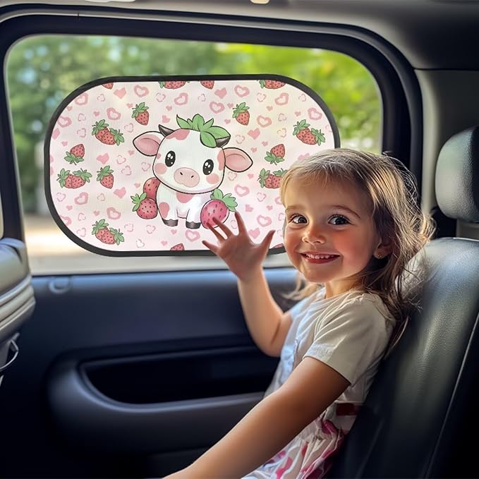Bulopur 2 Pack Car Window Shades for Side Window UV Protection Cow Print Strawberry Sun Protection and Sun Shade Blocker Car Shades Back Windows Baby Auto Interior Accessories