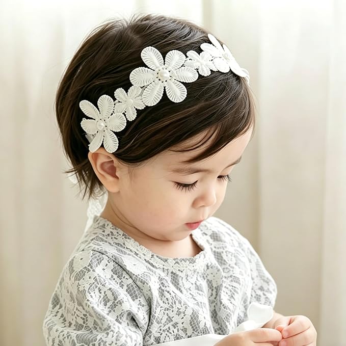 Baby Girls Flower Headbands Cute Kids Christening Headband Soft Lace Hairbands Floral Crown Newborn Infant Toddlers Hair Accessories for Birthday Party Photography(Big White Flower)