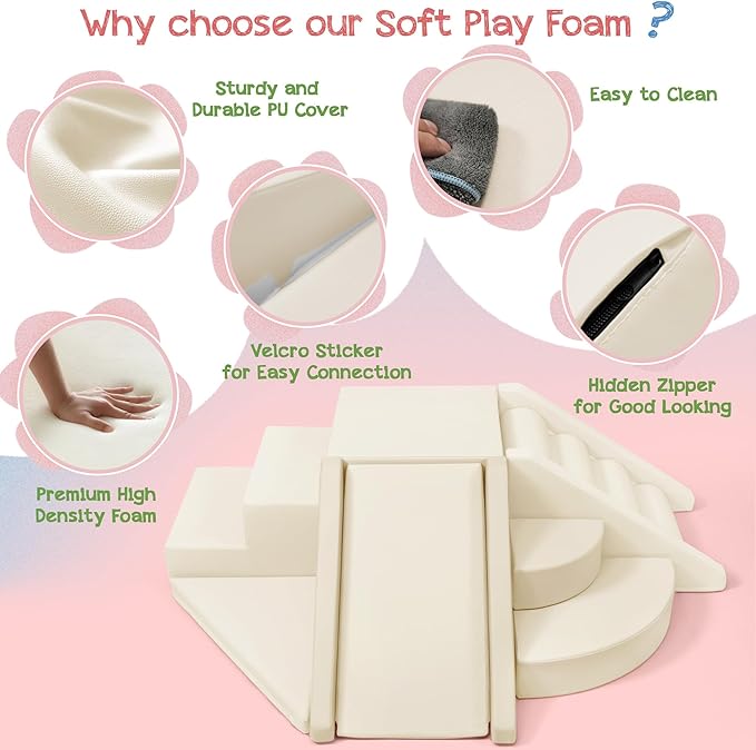 Merax Indoor Climbing Toys for Toddlers, 9-Piece Foam Climbing Blocks Climb & Crawl Tunnel Soft Play Set (9-Piece Cream)