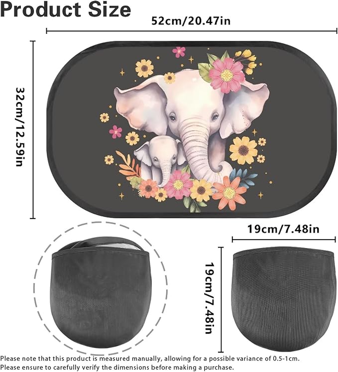 Bulopur Floral Elephant Window Shades 2 Pack Car Window Covers UV Protection Breathable Sun Shade Car Window Baby Cute Design for Most Vehicle, SUV, Truck, Cars