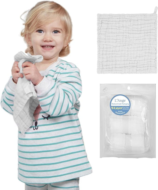 L'Ange Baby Washcloths and Burp Cloths Set - 3 Pack of 9 Layer 100% Cotton Muslin for Sensitive Skin - Super Absorbent - Medical Grade Packaging for Infants Newborns and Toddlers- 9x9 - White