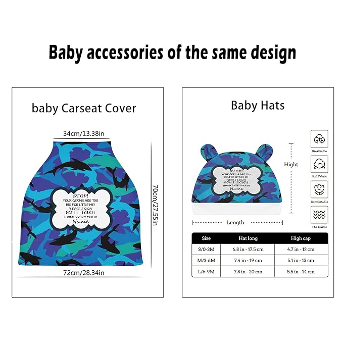 No Touch Sign Baby Car Seat Cover Personalized, Customized Shark Stroller Canopy with Name, Multiuse Nursing Covers Breastfeeding Scarf, Shower Gift for Newborn Boys Babies