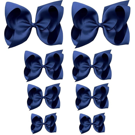 Oaoleer 8PCS Hair Bows for Girls Navy Blue Grosgrain Ribbon Boutique Bow Alligator Clips Hair Accessories for Toddlers Little Girls Kids (8inch, 6inch, 4.5inch, 3inch in Pair)