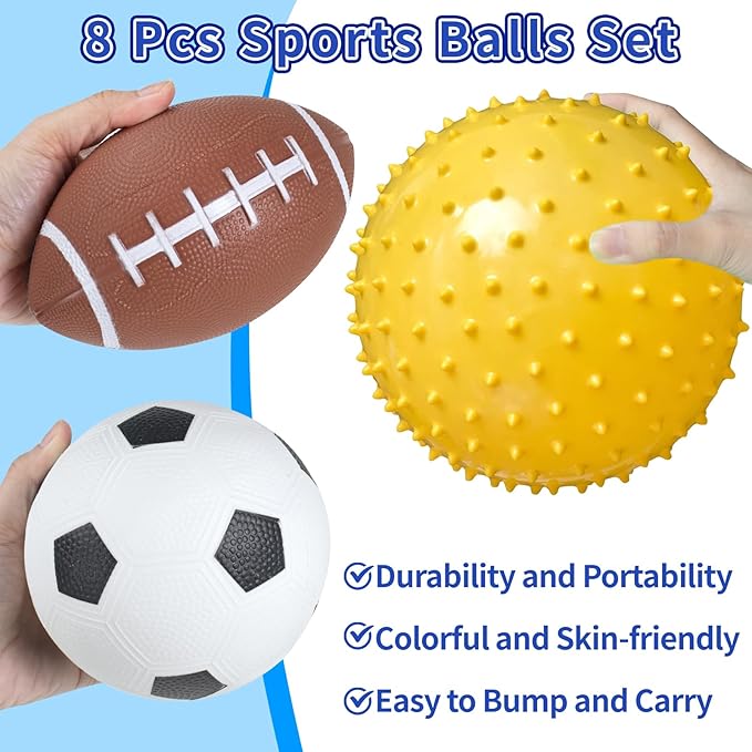 Balls for Toddlers, Toy Balls for Kids, Set of 8 Sport Toys with Pump/Beach Ball/Soccer/Basketball/Tennis/Football/Massage Ball/Rugby/PlaygroundBalls for Indoor Outdoor Party Games