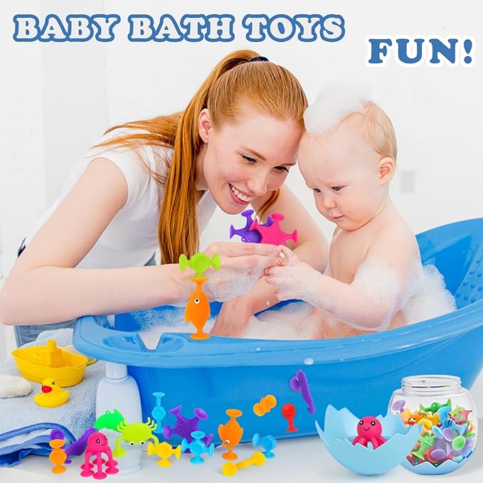 50 Pieces Suction Bath Toys for Kids Age 3+, Baby Silicone Ocean Animal Sucker Toys with Dinosaur Eggshell, Sensory Travel Window Toys for Toddlers, Stress Release Gifts for Boys Girls Ages 4-8