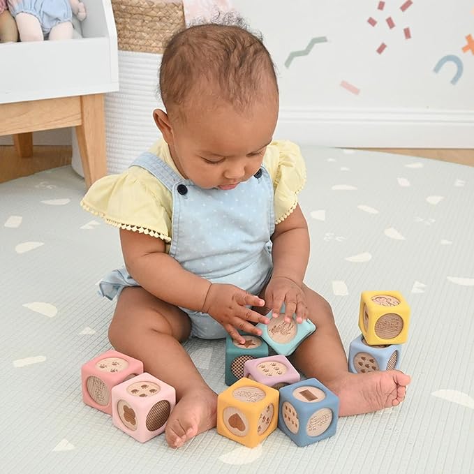 Little Rawr 9 Pcs Baby Silicone & Wooden Stacking Blocks, Food-Grade Silicone Baby Toy with Natural Wood Inserts, Soft Chewable Montessori Blocks for Toddlers, Animal Learning Toy