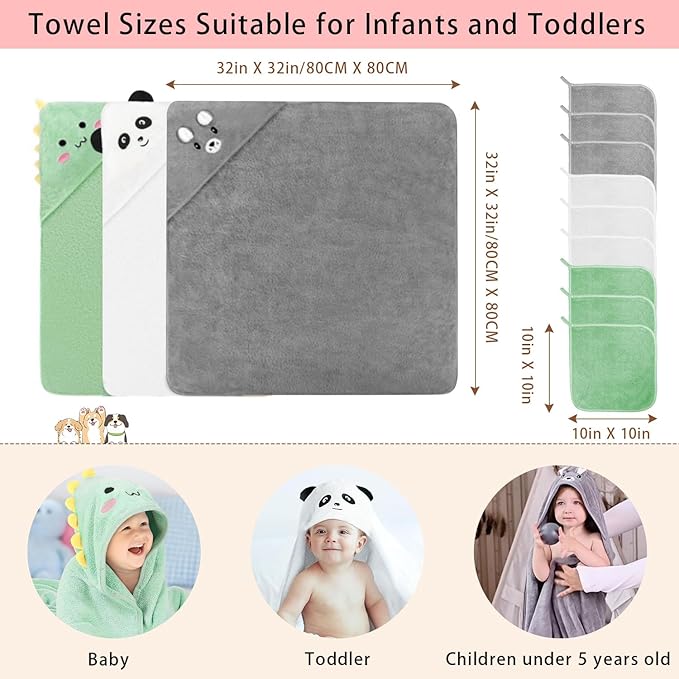 12 PCS Hooded Baby Towel Set, 32x32 Inch Absorbent Baby Bath Towels, 3 PCS Soft Hooded Towels & 9 PCS Washcloths, Ideal for Newborns, Toddlers, and Babies – Baby Bath Essentials (Green + Gray + White)