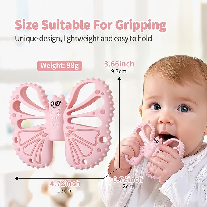 Vibrating Teether for Baby - Chewy Sensory Toy for Teething & Autism, 10-Speed Vibration Modes, USB Rechargeable, Food Grade Silicone Teether for Sensory Seekers(Pink)