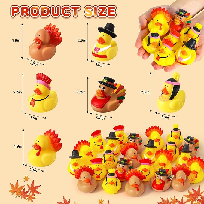48 Pcs Thanksgiving Rubber Ducks, Thanksgiving Themed Ducks Bulk Turkey Ducks, Thanksgiving Party Favors Supplies for Kids Adults, Fall Duck Bathtub Bathing Toy for Holiday Autumn Table Centerpiece