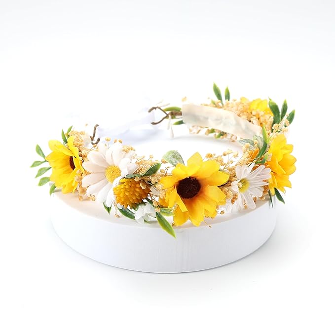 Sunflower Daisy Flower Crown for Toddler 1st Birthday Party Headpieces Midsummer Headband Baby Girls Hair Wreath Photo Prop Cake Smash Photography (Sunflower)