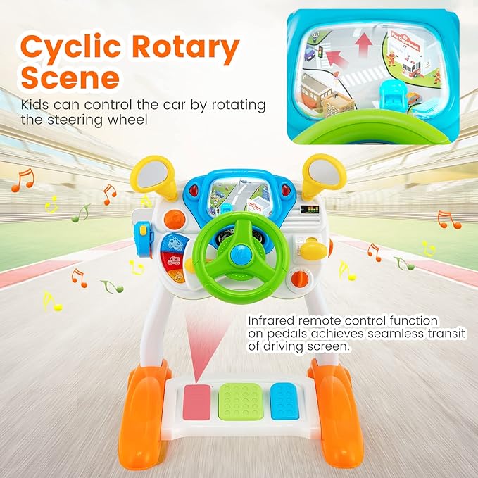 HONEY JOY Steering Wheels Toys for Toddler Boys Girls, Pretend Play Learning Driver Toy Cars for Preschool Baby, Lights & Music, Interphone, Pedal, My First Driving Educational Musical Toy w/Stool