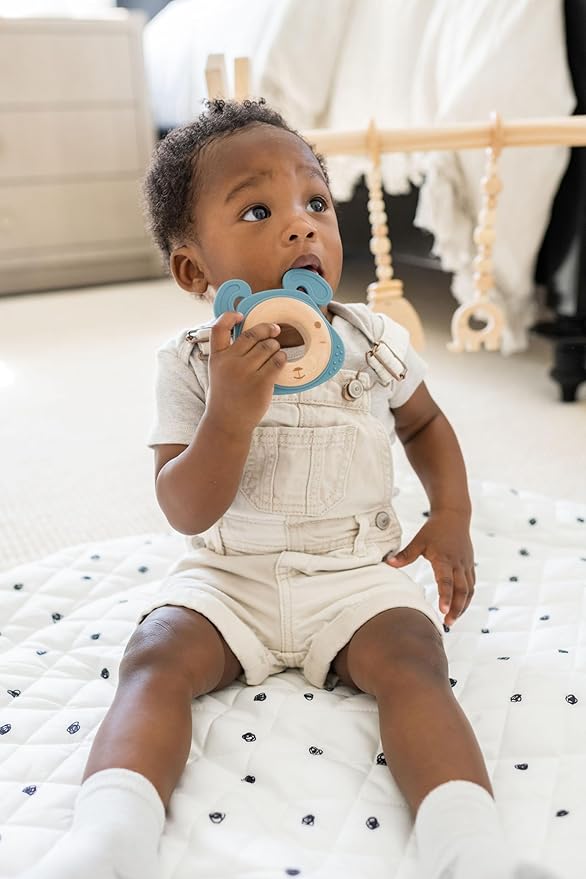 Blue Dog Baby Teething Toy for 0-12 Months | Food-Grade Silicone & Natural Beech Wood Teether | Easy-to-Hold Animal Shapes for Soothing Chewing | BPA-Free Teethers for Babies Boys & Girls