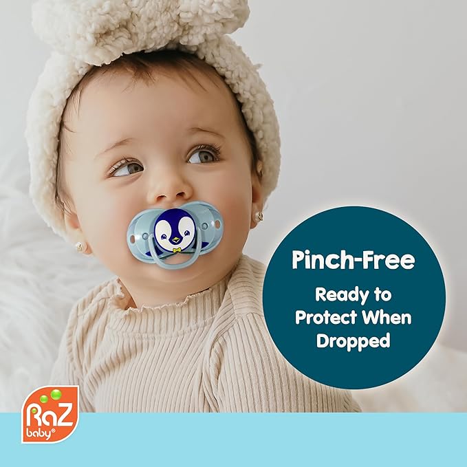 RaZbaby Keep-It-Kleen Baby Pacifier 2-Pack Closes When Dropped - BPA-Free Silicone Orthodontic Nipple, Ideal for Travel, Nipple Stays Clean, 0-36 Months - Blue/Grey - Personalized