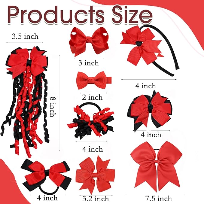 School Hair Accessories Set 14 Pcs Uniform Hair Bow Headband Clips Hair Ties Curly Korker Bows for Little Toddler School Girls (Red Black)