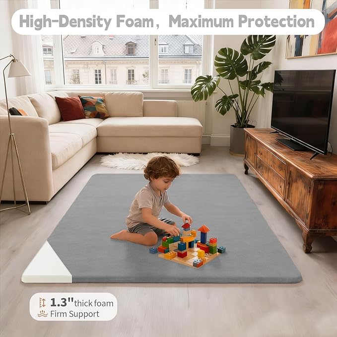 Velvet Baby Play Mat for Floor, 1.3" Thick Elasti-Foam 50"×50" Playpen Mat with Removable & Washable Velvet Cover for Toddler, Infant,Kids, Non-Slip Crawling Mat for Tummy Time (Grey)
