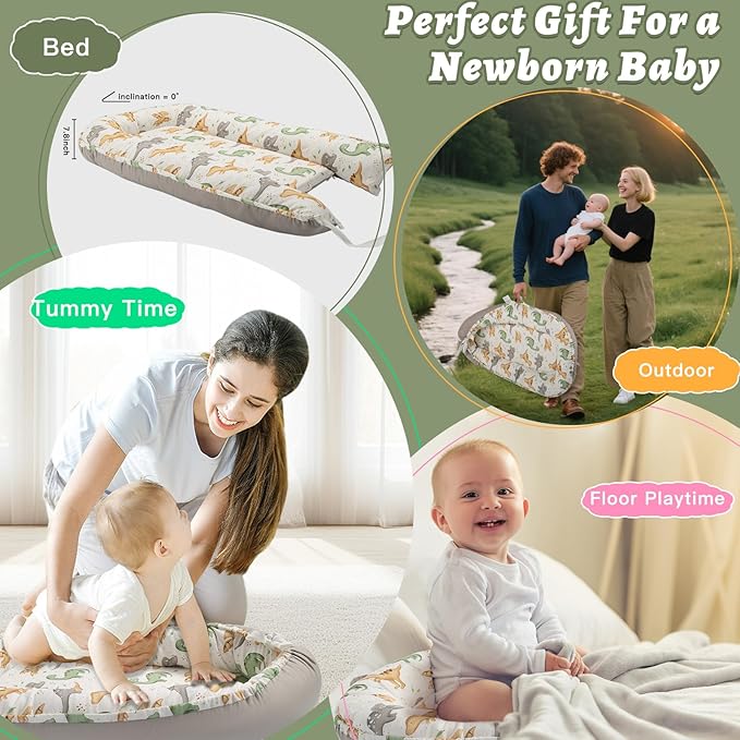 Alened Baby Lounger for Newborn 0-24 Months, Organic Cotton Infant Lounger on Floor for Supervised Tummy Time, Adjustable Portable Support Pad for New Born Awake Use Only - Dinosaur