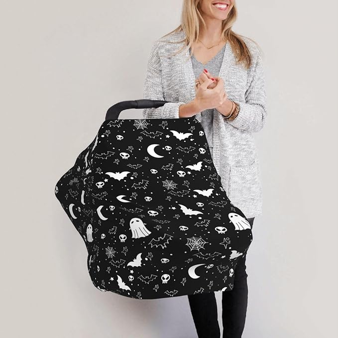 Gothic Halloween Baby Car Seat Covers Goth Baby Stuff Multi-use Carseat Canopy for Boys and Girls Stretchy Infant Carseat Cover Shower Gifts